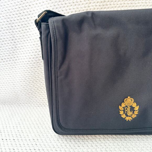 Lauren Ralph Lauren Vintage Black Front Flap Messenger Bag Gold Crest Unisex - Picture 3 of 7